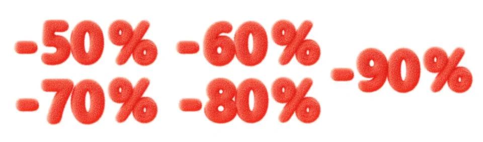 3d set of red fur fluffy discount numbers. Soft furry balloons minus 50, 60, 70 Illustrazione stock