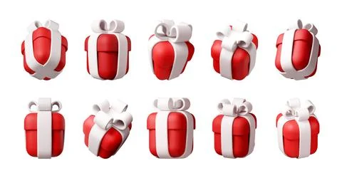3D Set of red gift box with white ribbon and bow Stock Illustration