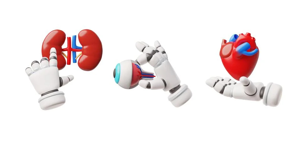 3D set of robotic hands holding and showing a human eye, heart, and kidneys. 스톡 일러스트