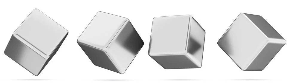 3d set of silver metal cube in different angles. Chrome y2k abstract block shape Illustrazione stock