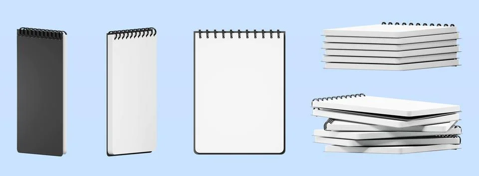 3d set of spiral bound notebook stack with white paper. Blank notepad mockup Illustrazione stock