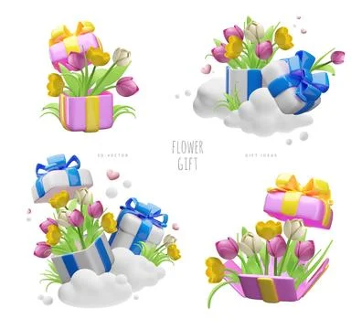 3D set of spring tulip bouquets in gift boxes with open lids and blue and yellow Stock Illustration