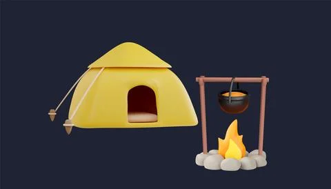 3D set of tent and fire for camping design on isolated black background. Stock Illustration