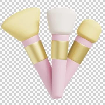 3D Set of Three Makeup Brushes with Pink Handles and Golden Details Stock Illustration
