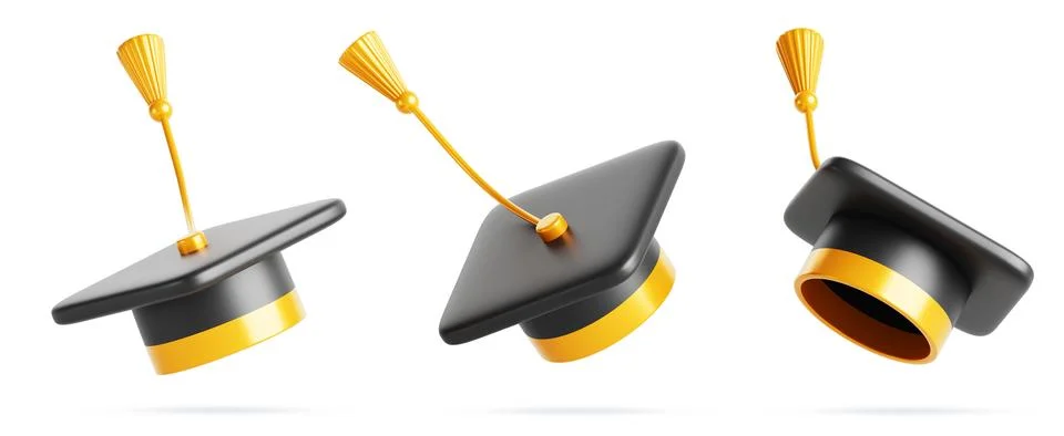3d set of throw up graduation cap in air. Flying black academic hat with gold イラスト素材