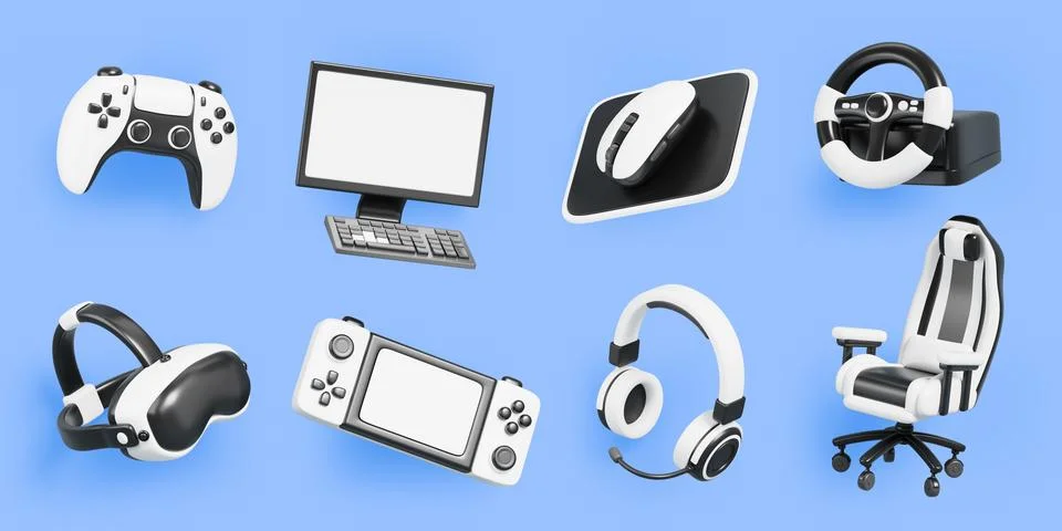 3d set of video game devices cartoon render icon. VR glasses, joystick, portable Illustrazione stock