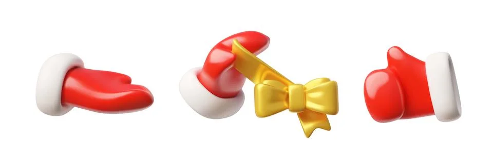 3D set with voluminous red mittens, with different gestures, untie the bow Stock Illustration