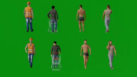 3D several working men, swimmers and different shoppers on green screen backgrou Stock Footage 228661667