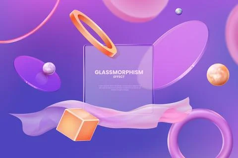 3d shape background. Abstract glass circles, transparent geometric squares, ui Stock Illustration