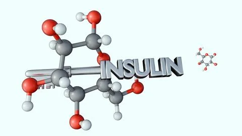 A 3d shaping a key out of the word "INSULIN" amidst floating glucose molecules. Stock-Illustration