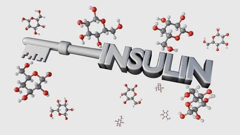 A 3d shaping a key out of the word "INSULIN" amidst floating glucose molecules. Stock Illustration