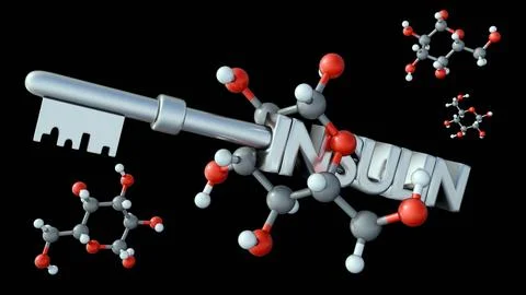 A 3d shaping a key out of the word "INSULIN" amidst floating glucose molecules. Stock Illustration