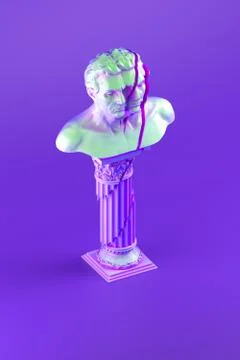 3d shattered bust statue placed on shattered column on violet Stock Illustration