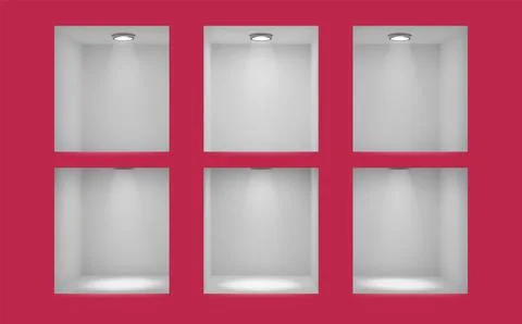 3d shelf. Empty space for exhibit. Store wall. White background inside book.. イラスト素材