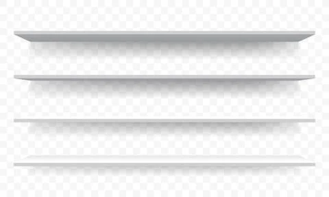 3D shelves white wall perspective. Vector isolated shelf racks mockup templat Illustrazione stock
