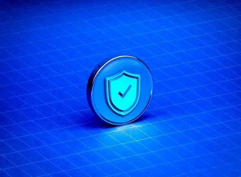 3d shield padlock on round chrome button isolated on dark blue background w.. Fotos de archivo