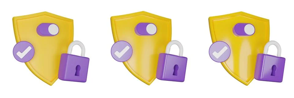 3D shield secure icon, authentication lock check mark render concept Stock Illustration