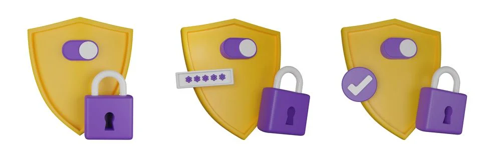 3D shield secure icon, lock password authentication render concept Stock Illustration
