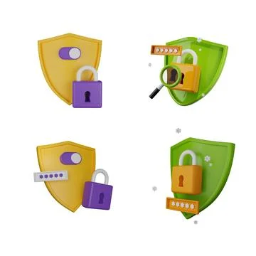 3D shield secure icon, secret password lock authentication render concept 스톡 일러스트