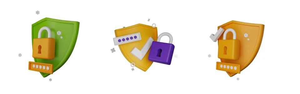 3D shield secure icon set, authentication render lock password Stock Illustration