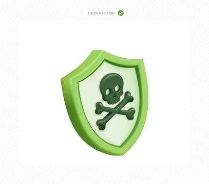 3D shield security icon with skull and crossbones symbol inside a green shiel Illustrazione stock