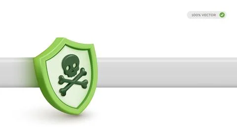 3D shield security icon with skull and crossbones symbol inside a green shiel Illustrazione stock