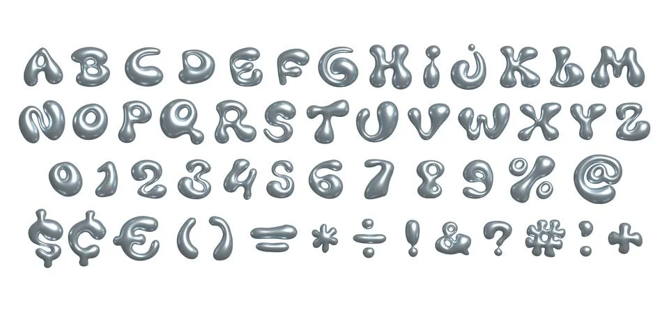 3d Shiny chrome bubble font in Y2K style. Realistic liquid letters and numbers Illustrazione stock