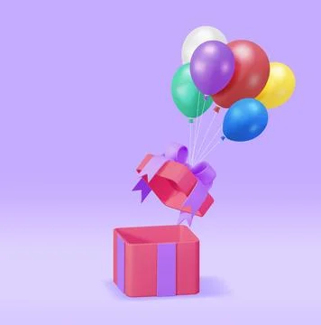 3D Shiny Gift Box with Balloon Isolated Stock Illustration