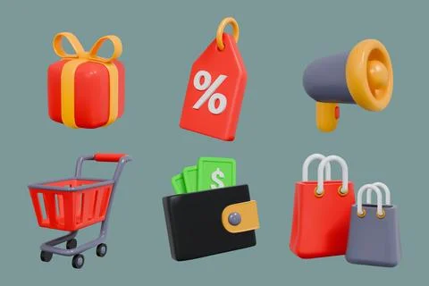 3d shop elements. Online shopping. Food grocery retail. Supermarket basket and Stock Illustration