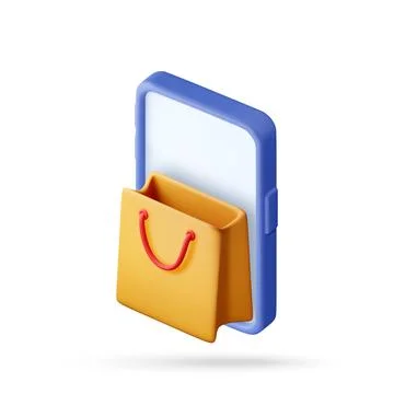3D Shopping bag emerging from a blue smartphone Stock-Illustration