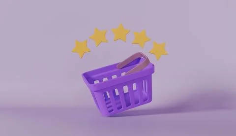 3d shopping basket with five yellow stars. Good seller review Stock Illustration