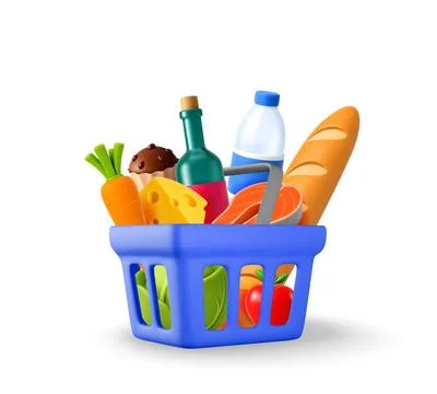 3D Shopping basket full of assorted groceries Stock Illustration