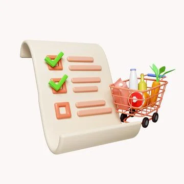 3d Shopping list with correct mark and shopping shopping cart. Order checklist Stock Photos