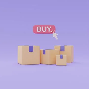 3d shopping parcel boxes with click Buy button on purple background, Online s Illustrazione stock