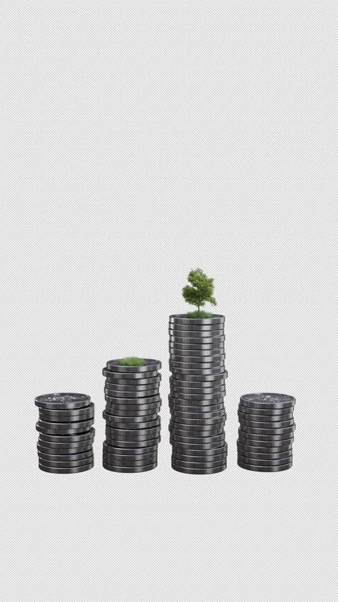 3d silver coin stacks tree growth vertical alpha Stockbeeldmateriaal 344576306