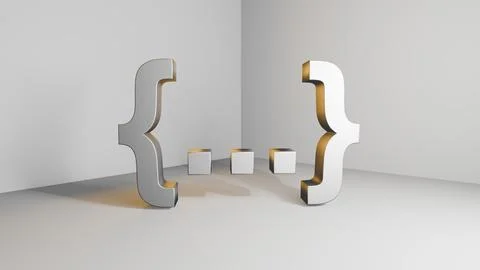 3D silver curly braces installation in a white room perspective Stock-Illustration