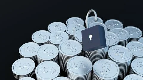 A 3d silver dollar coin stacks and a padlock. Stock Illustration