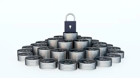 A 3d silver dollar coin stacks and a padlock. Stock Illustration