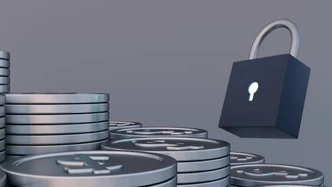A 3d silver dollar coin stacks and a padlock. Stock Illustration