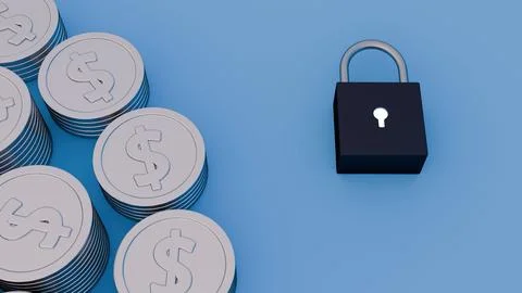 A 3d silver dollar coin stacks and a padlock. Stock Illustration