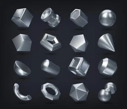 3D silver geometric shapes, glossy metal figures Stock Illustration