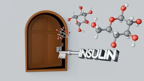 A 3d silver "INSULIN" key opening a cell door amidst floating glucose molecules. Stock-Illustration