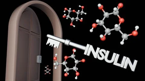 A 3d silver "INSULIN" key opening a cell door amidst floating glucose molecules. Stock-Illustration