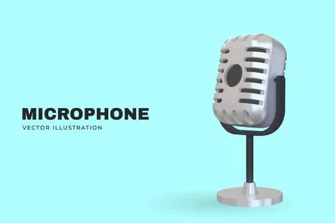 3D silver retro microphone. Vector illustration. Advertising banner for studi Stock Illustration