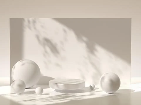 3D Silver round display podium with geometric spheres on studio beige background Stock Illustration