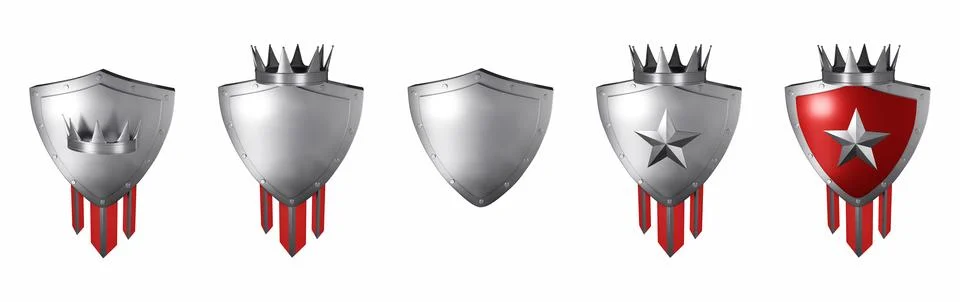 3D silver shield set, level up game badge, realistic metal render trophy Stock Illustration