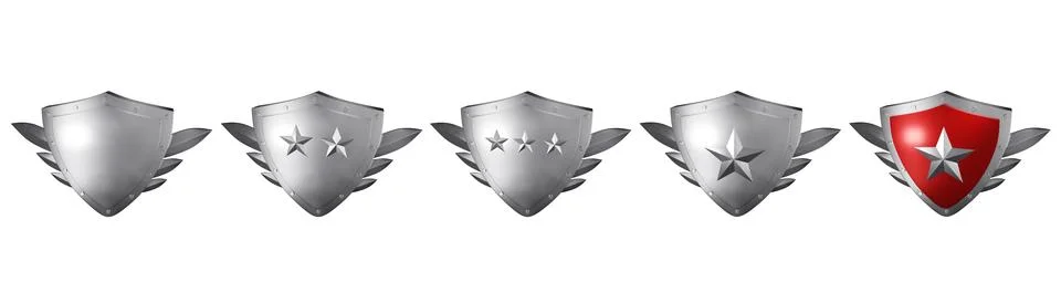 3D silver shield set, metal render trophy, realistic level up game badge Stock Illustration