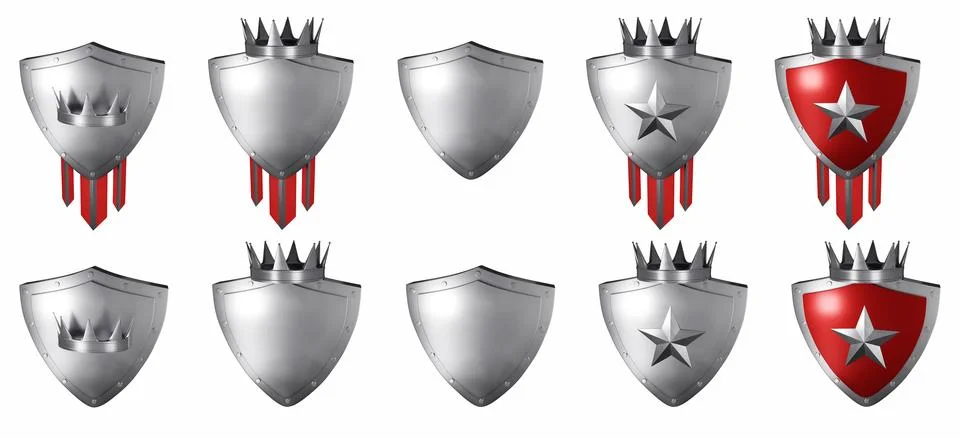3D silver shield set, realistic level up game badge, metal render trophy Stock Illustration