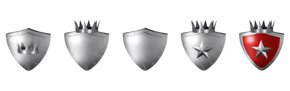 3D silver shield set, realistic metal render trophy, level up game badge Stock Illustration