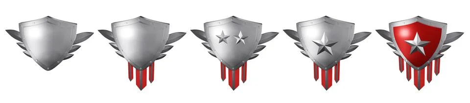 3D silver shield set, render metal trophy, realistic level up game badge Stock Illustration